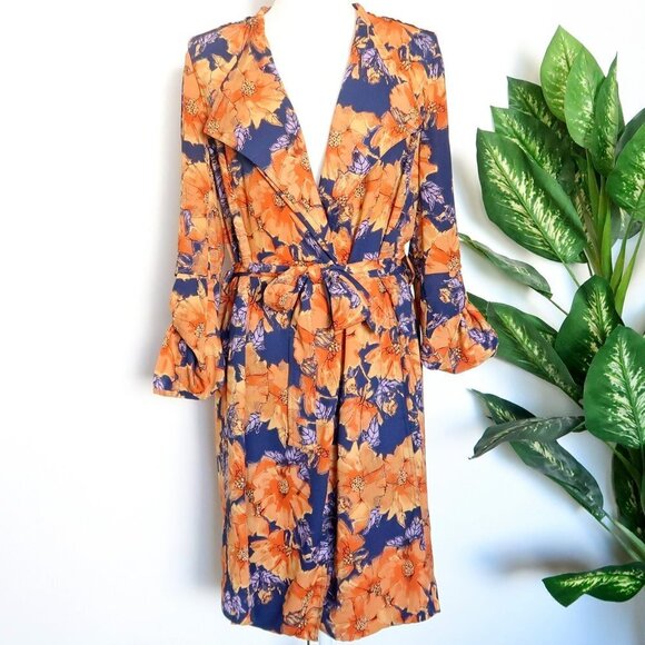 Aritzia Babaton Quincey Blue Orange Floral Belted Trench Coat Duster Jacket S